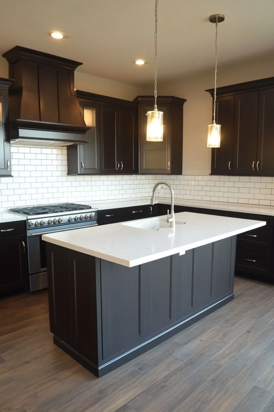 6. Dark Cabinets with Light Backsplash and Island Contrast