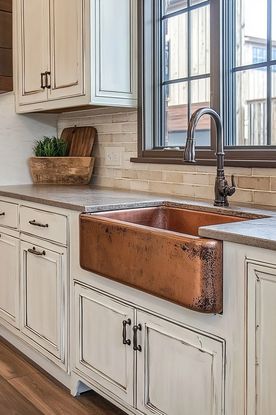 19. Distressed White Cabinets With Copper Sink