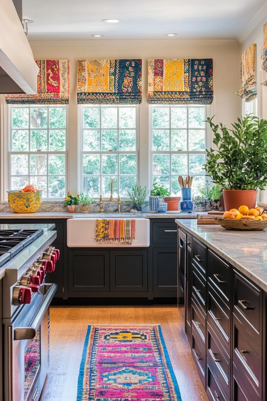 32. Eclectic Kitchen with Global Textiles as Window Treatments