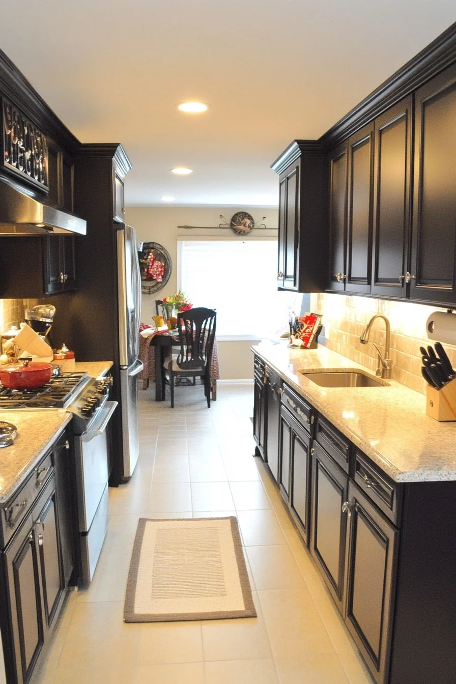 5. Espresso Cabinets in a Galley Kitchen Layout