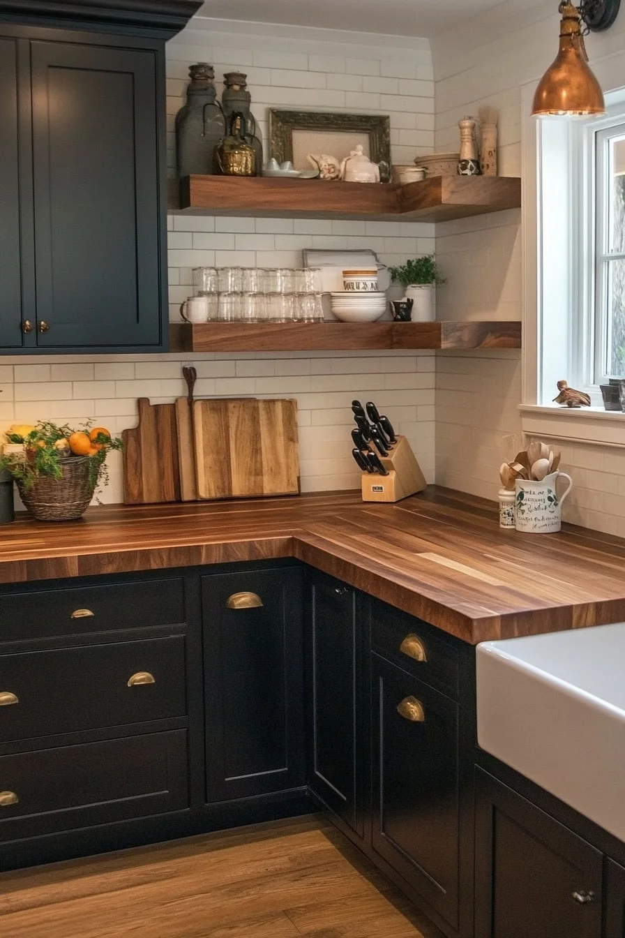 12. Farmhouse Kitchen with Dark Cabinets and Butcher Block Tops