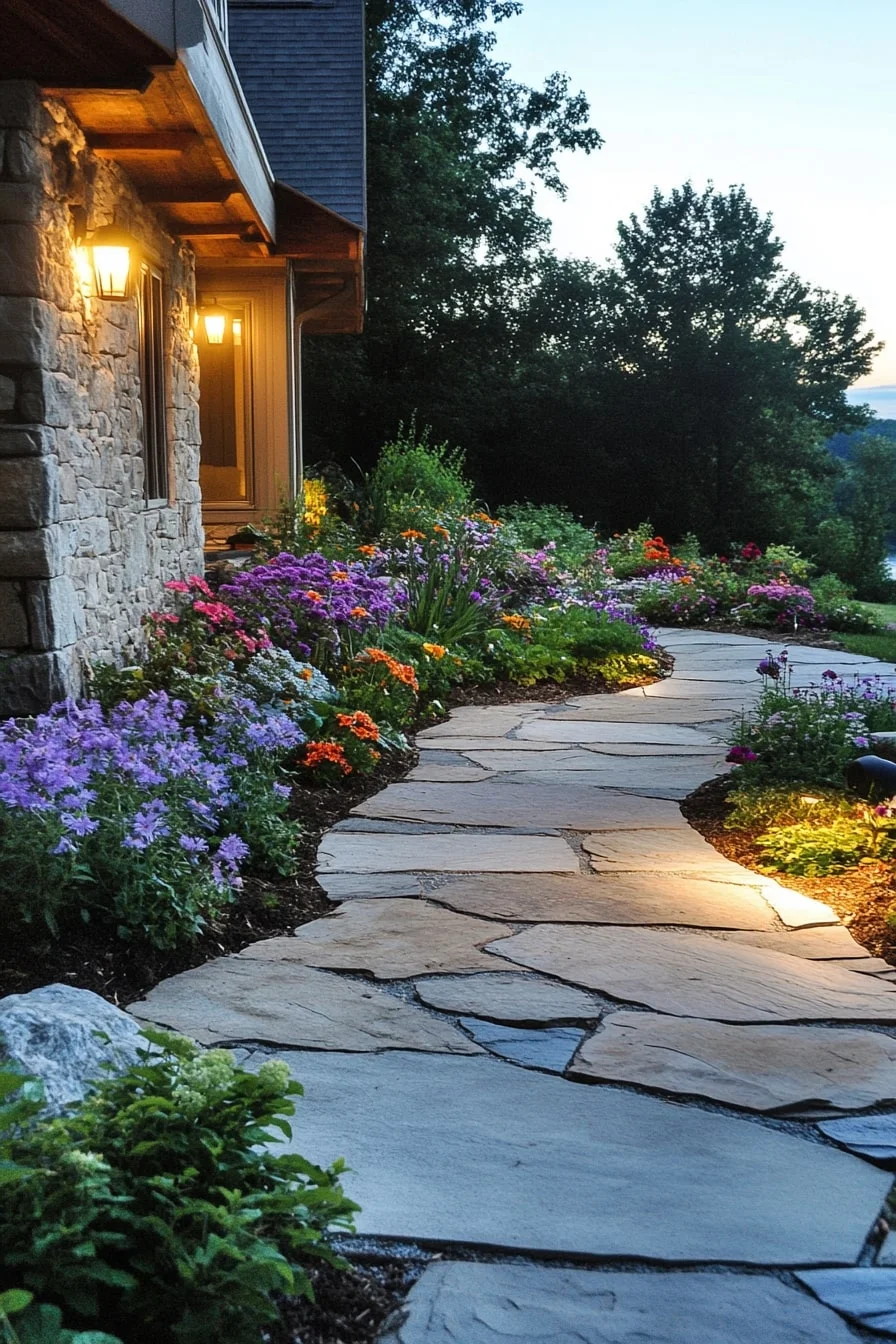 Flagstone Patio with Flower Borders