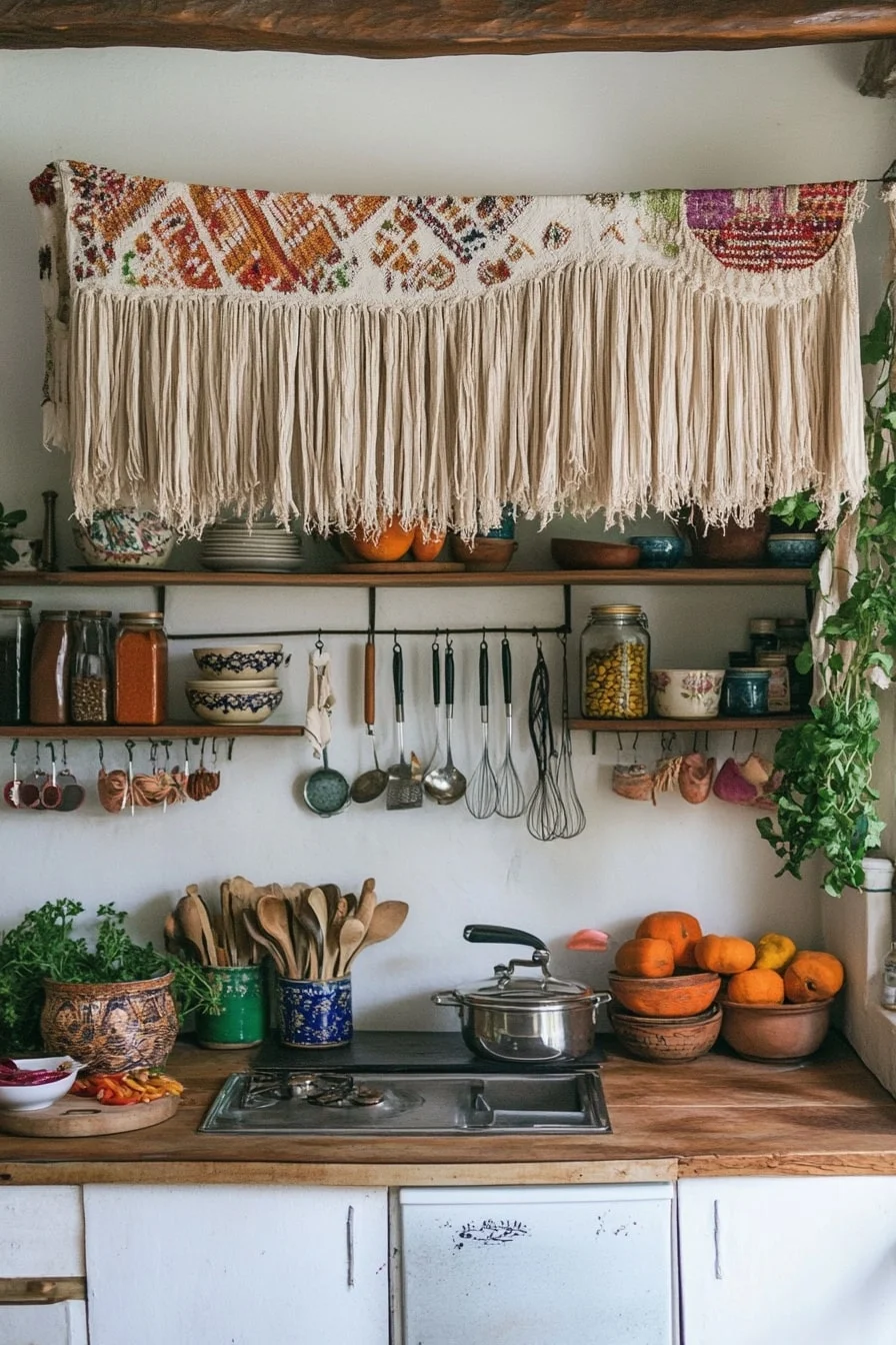 9. Fringe Curtains on Open Shelves