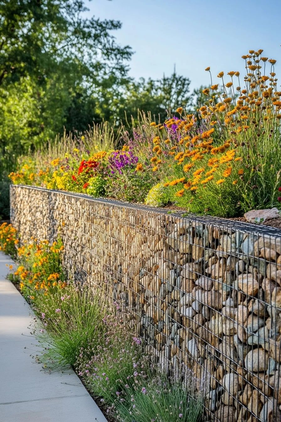 24. Gabion Wall Raised Bed Against Slatted Fence