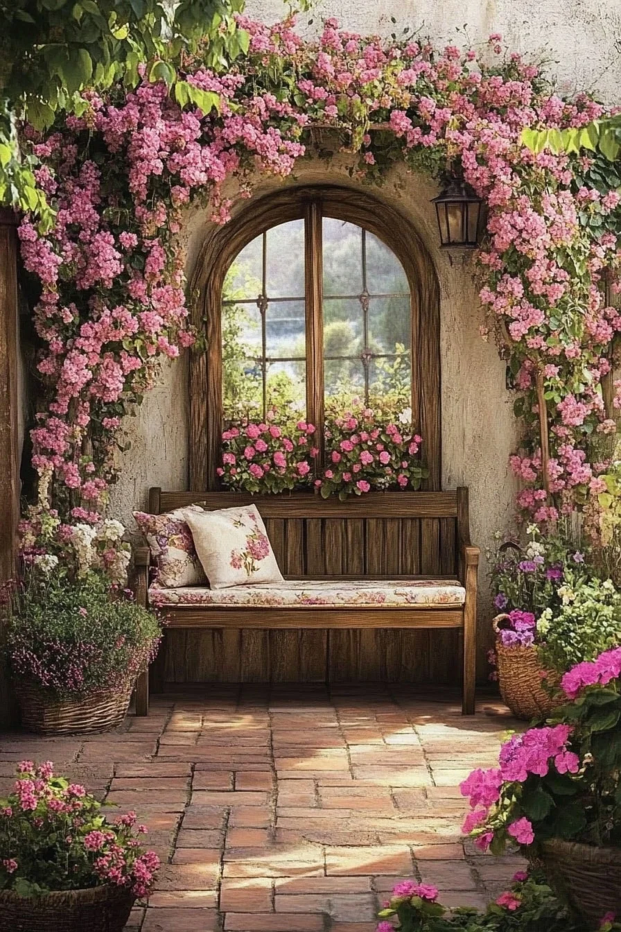 Garden Bench with Arched Trellis Backdrop