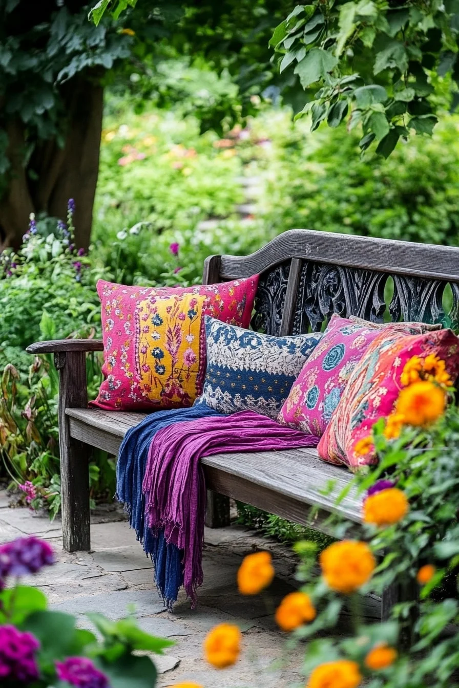 Garden Bench with Colorful Cushions and Throws