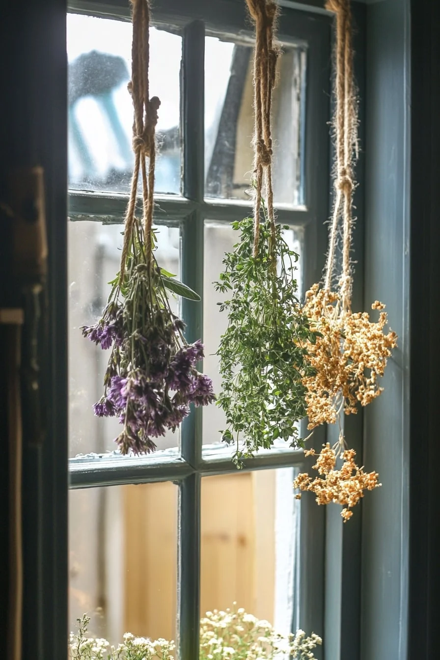 23. Hanging Herbs and Dried Flowers Above Windows