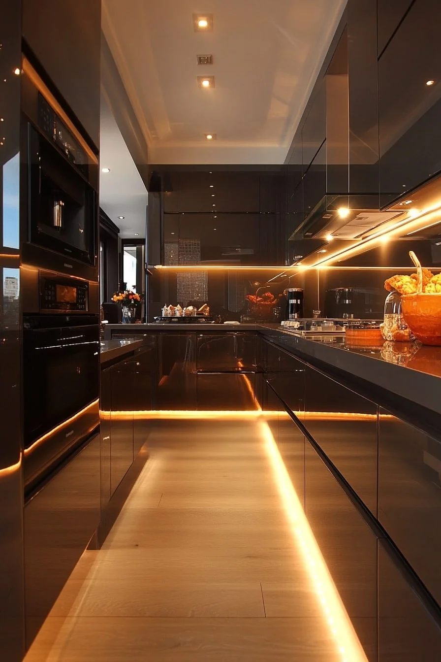 15. High-Gloss Brown Cabinets with LED Undercabinet Lighting