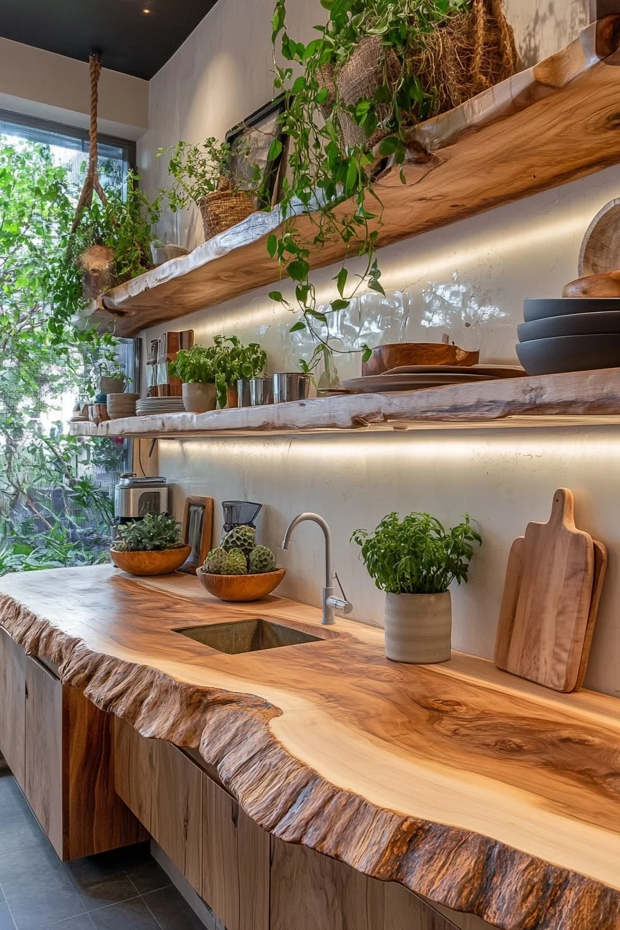 22. Live-Edge Wood Counters and Floating Shelves