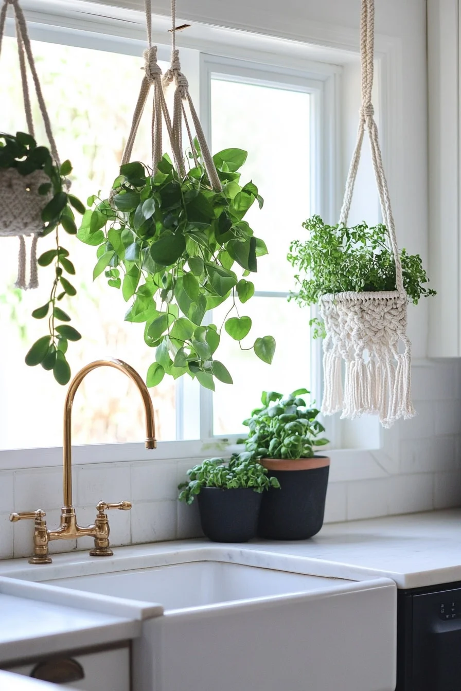 4. Macramé Plant Hangers Above the Sink