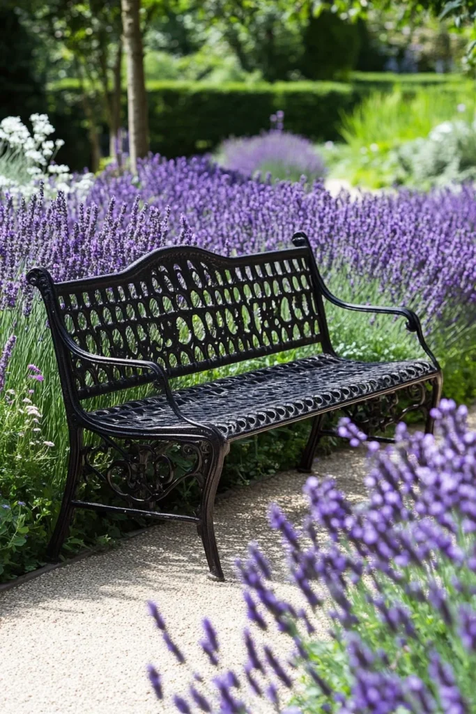 Metal Bench in a Lavender Border
