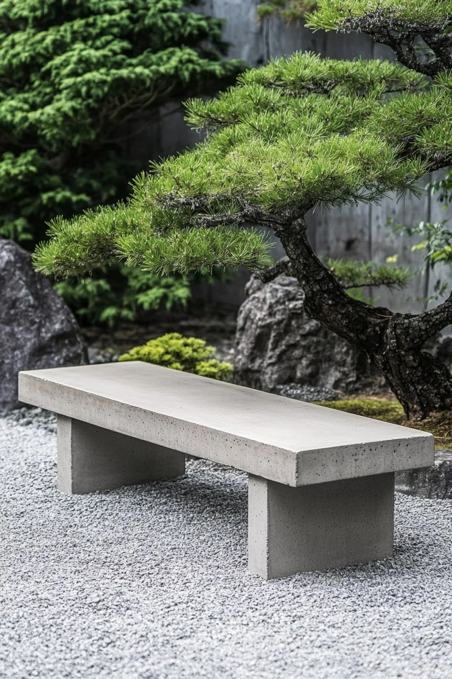 Minimalist Concrete Bench in Zen Garden