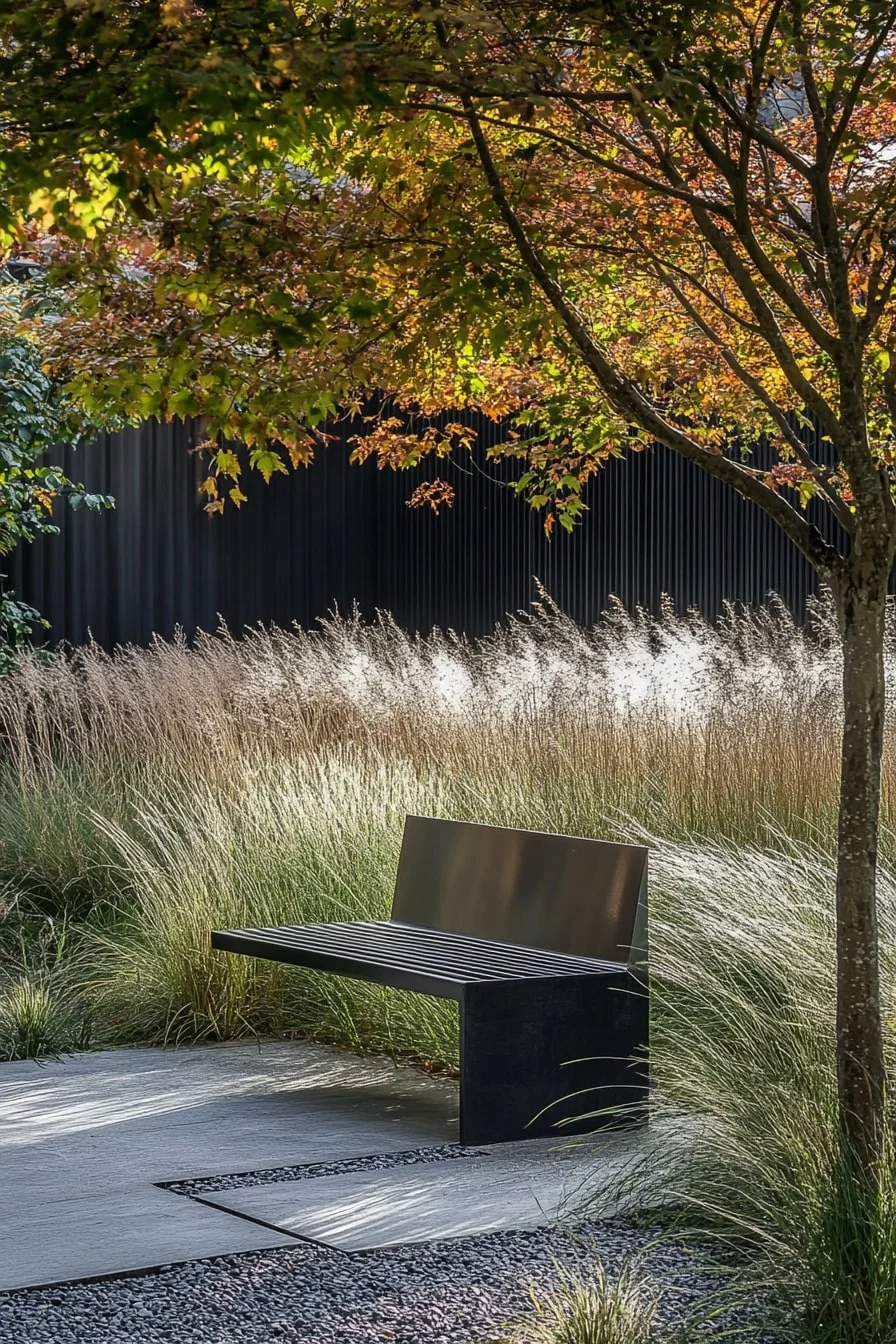Modern Metal Bench Among Grasses