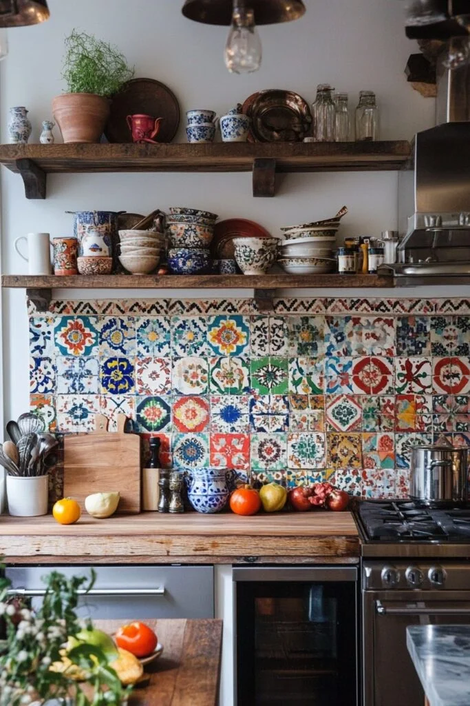 2. Moroccan Tile Backsplash With Open Shelving