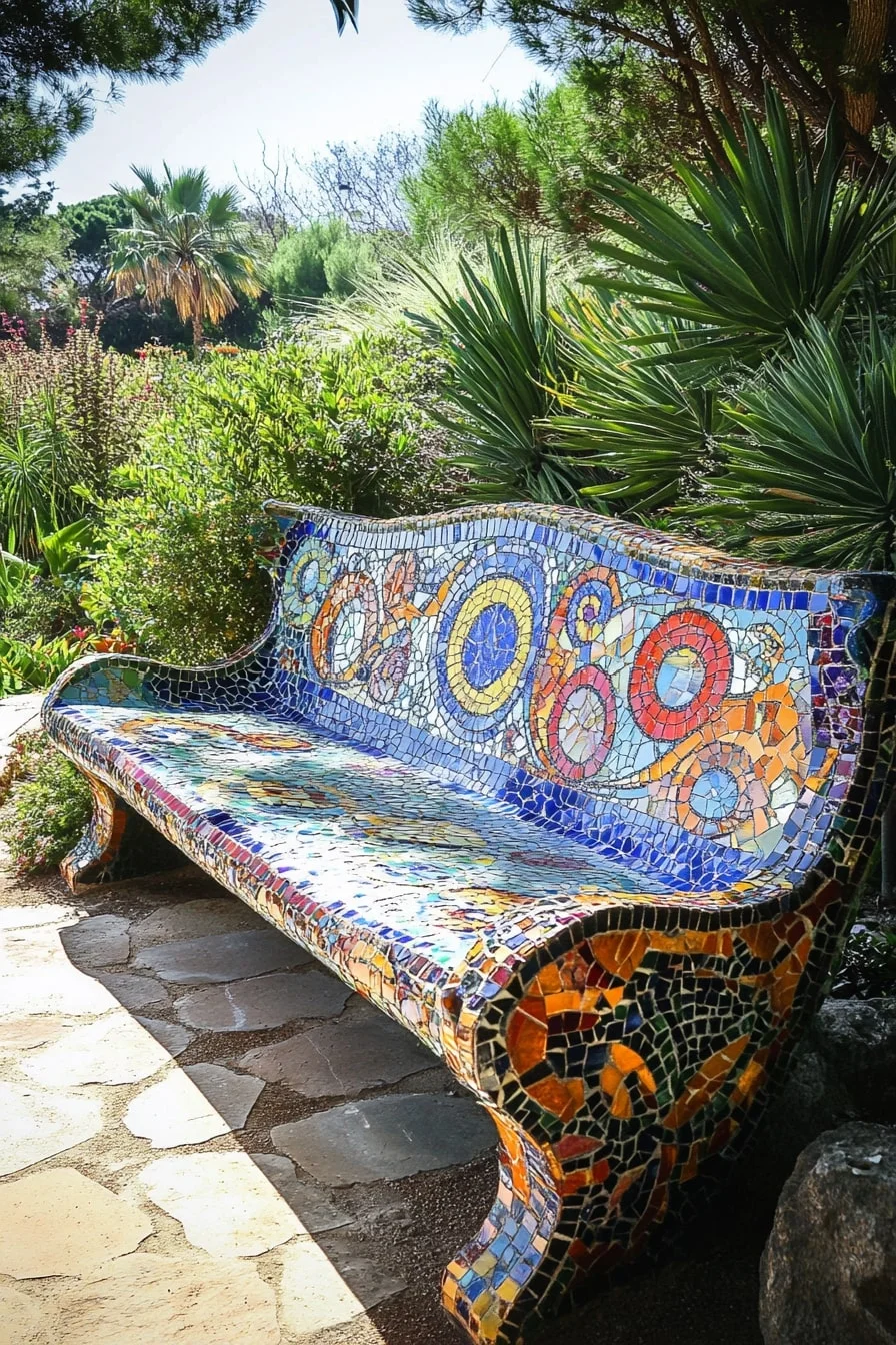 Mosaic-Tiled Bench in a Mediterranean Garden
