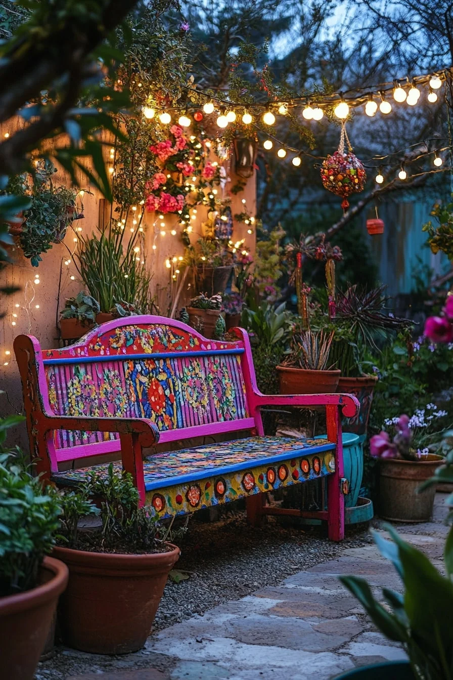 Painted Bench Under Hanging Lights