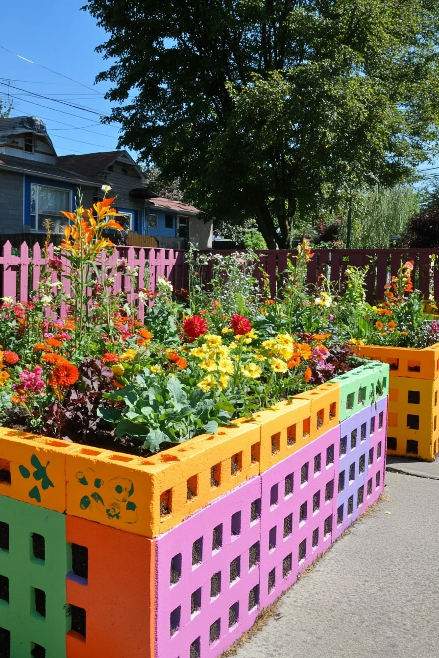 23. Painted Cinderblock Raised Bed and Bright Fence