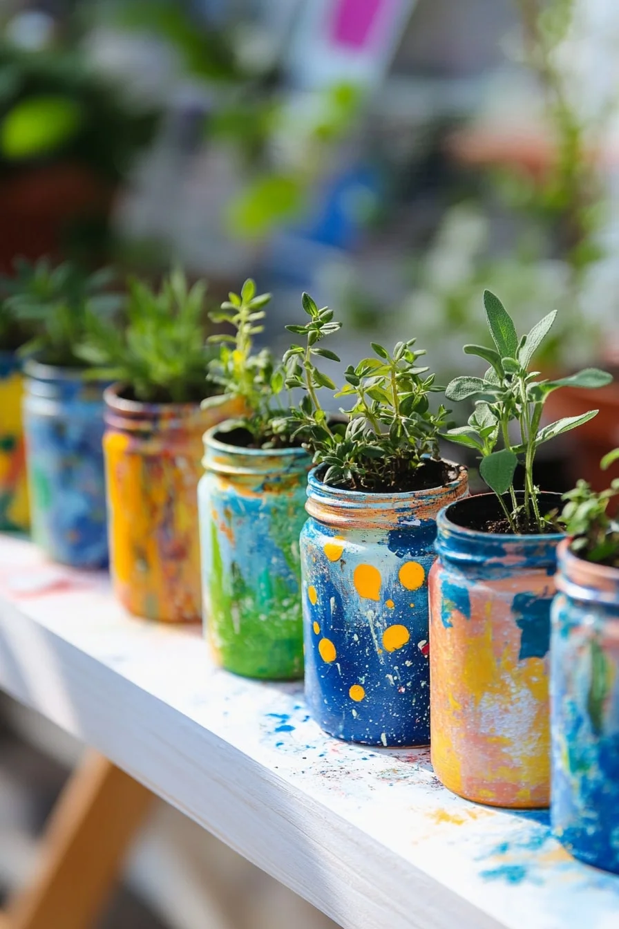 24. Painted Mason Jars as Mini Herb Pots