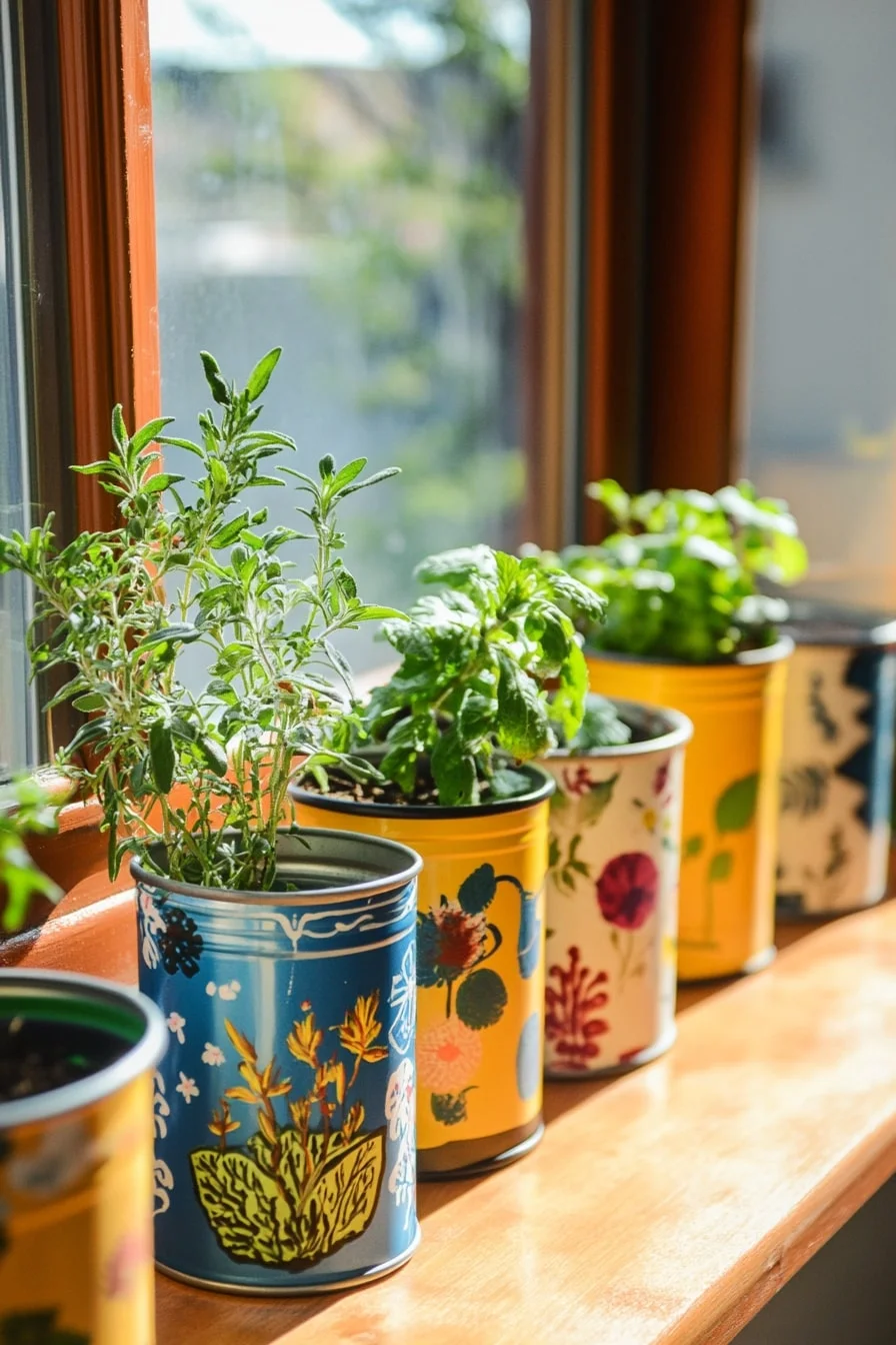 Painted Tin Cans as Herb Planters