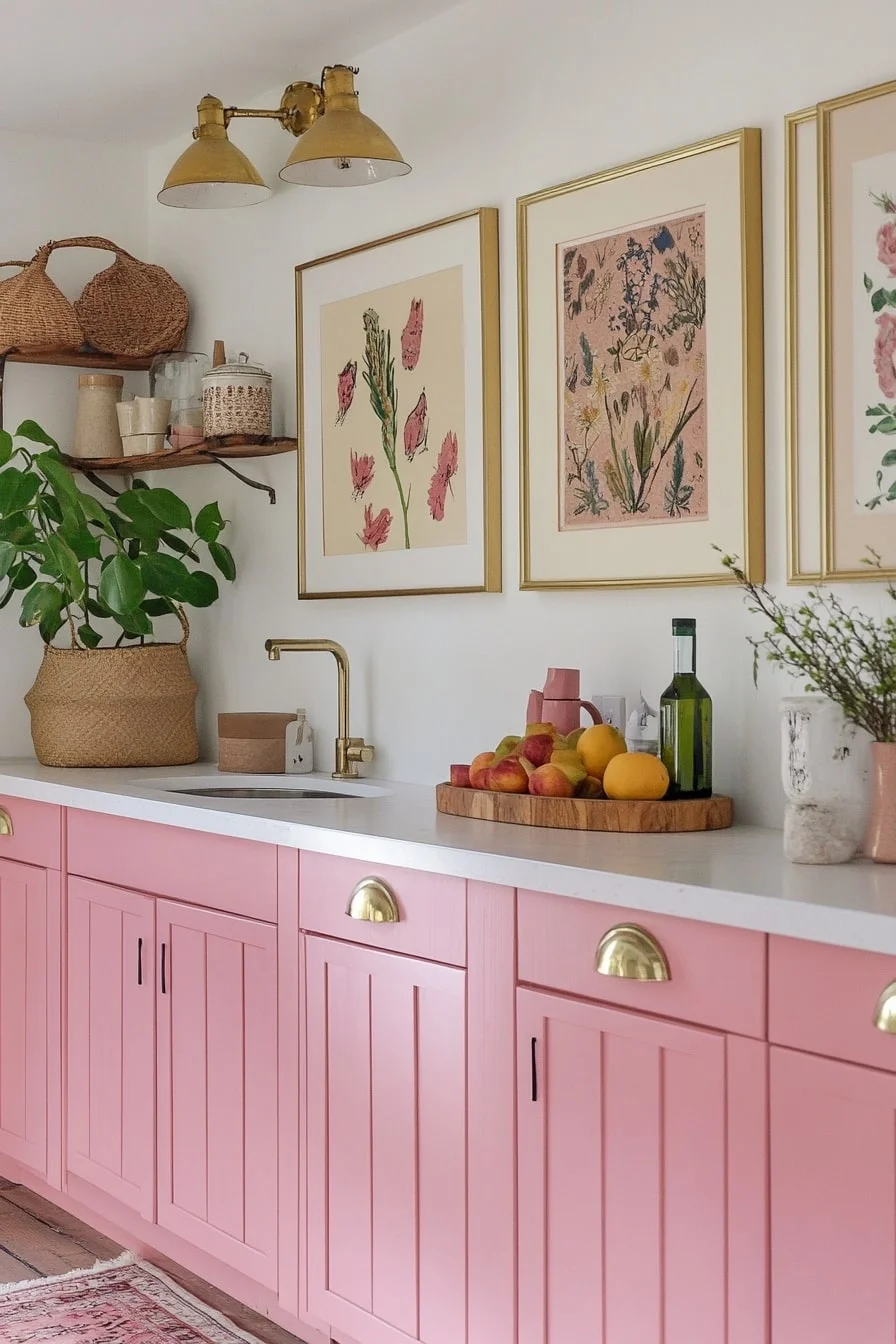 25. Pink Cabinets With Boho Art Prints