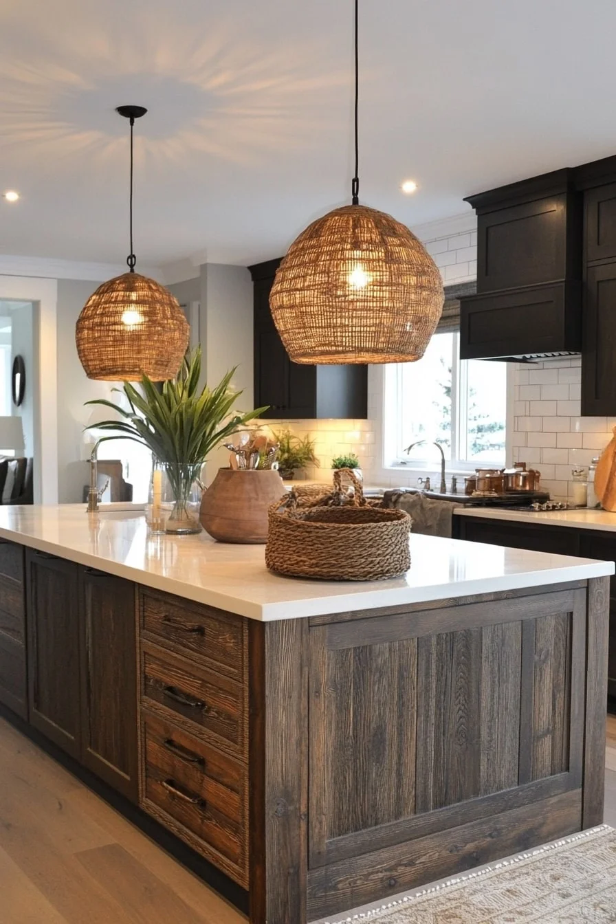 1. Rattan Pendant Lights Over a Wood Island