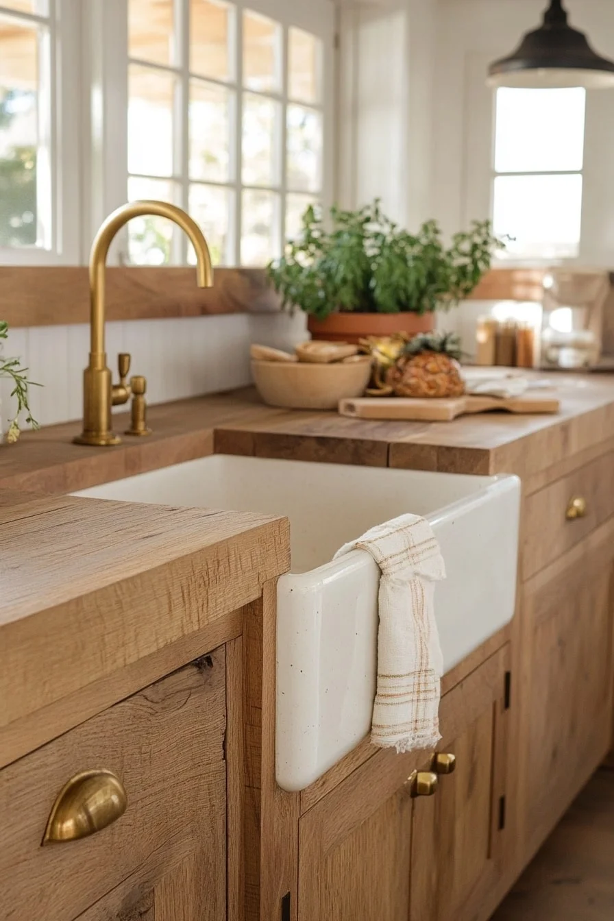 5. Raw Wood Cabinets With Brass Pulls