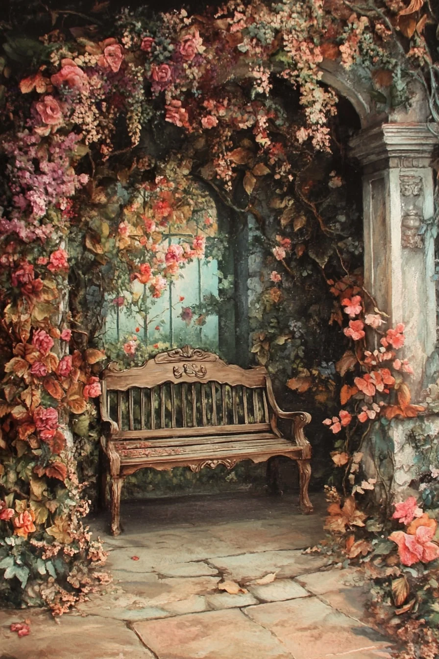 Reclaimed Bench Beneath a Vine-Covered Arch