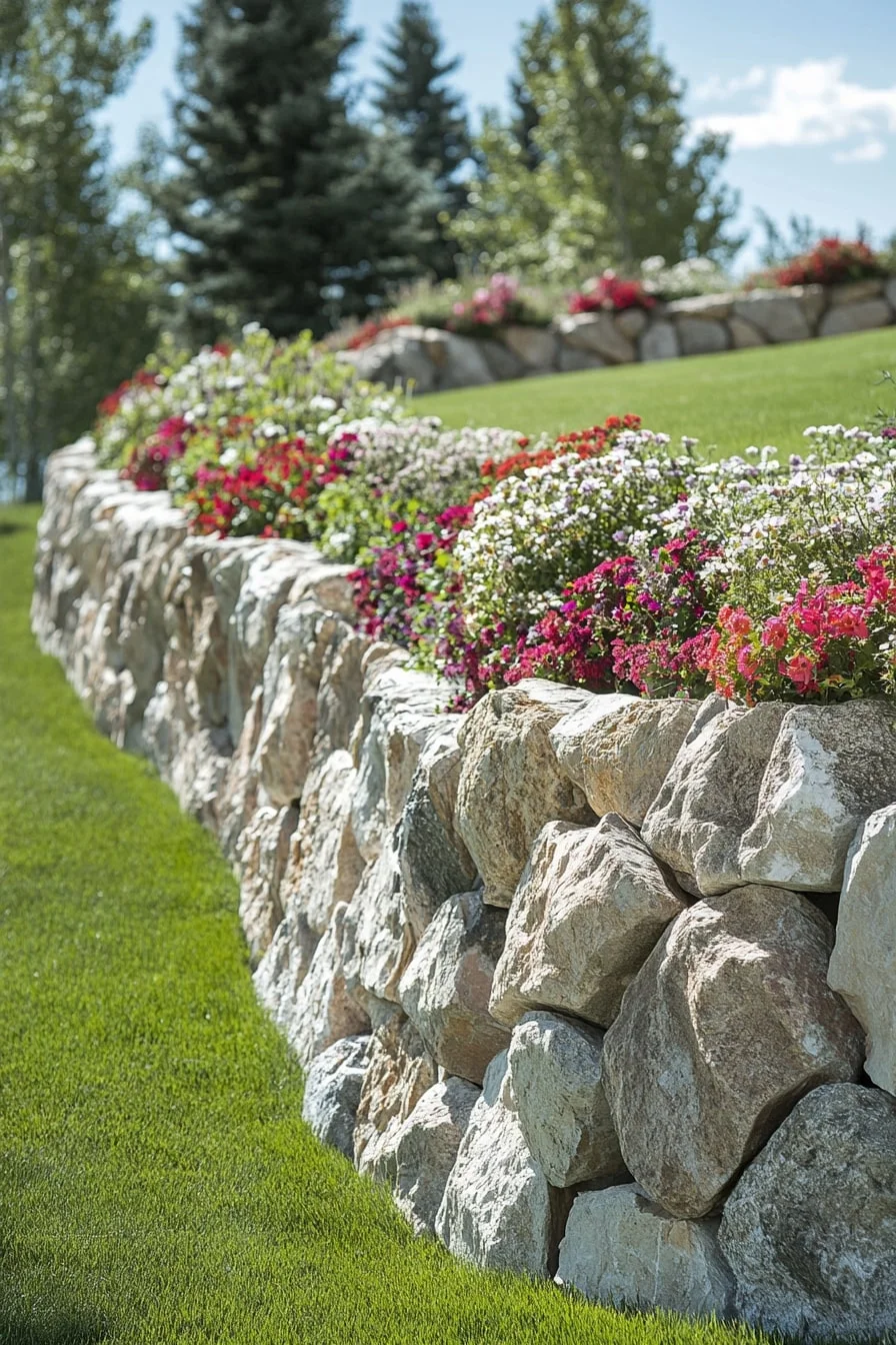6. Rock Retaining Wall With Mixed Plantings