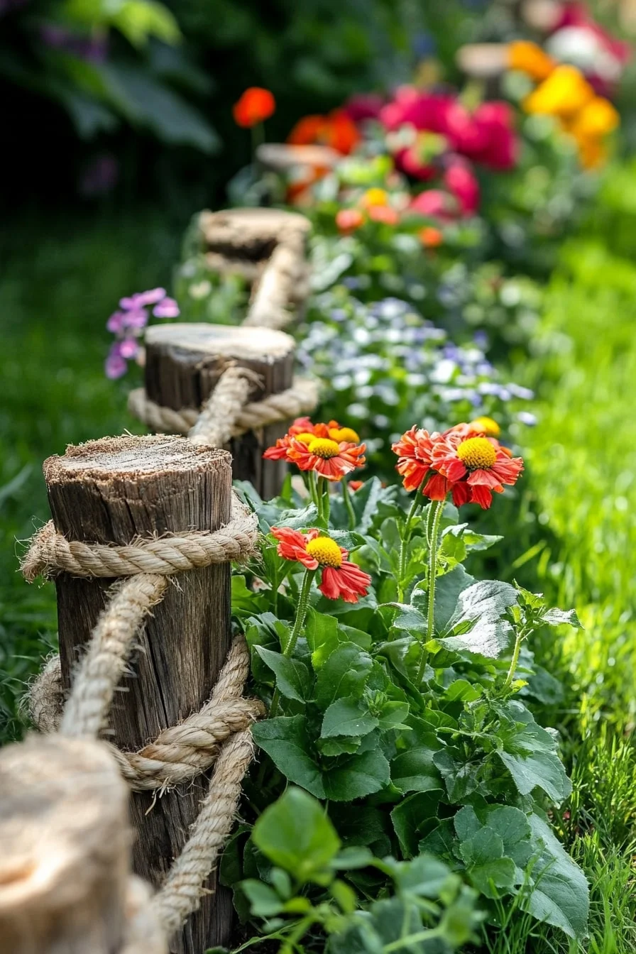 21. Rope-Wrapped Wooden Peg Border