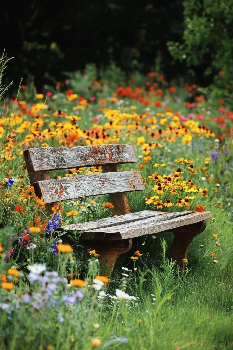 Rustic Bench with Wildflowers