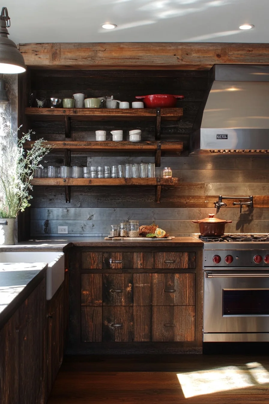 3. Rustic Kitchen with Dark Wood Cabinets and Open Shelves