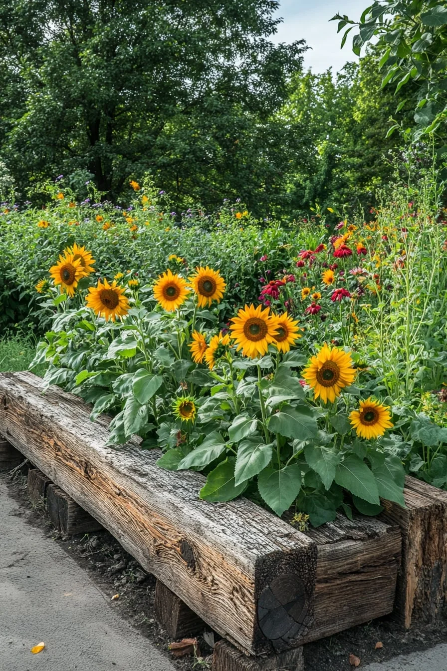 26. Rustic Railroad Tie Raised Bed With Sunflowers