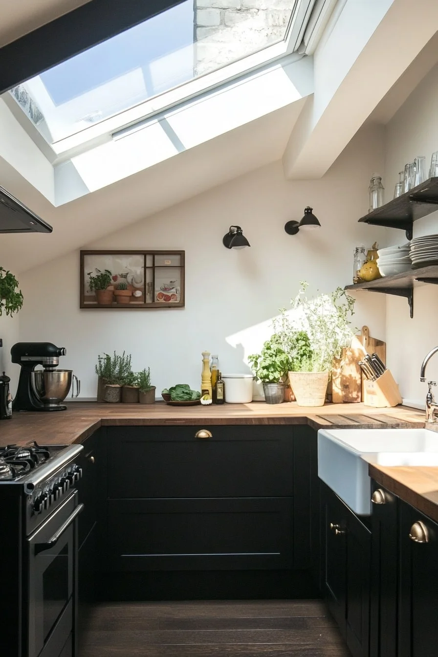 18. Small Kitchen with Dark Cabinets and Skylight Above