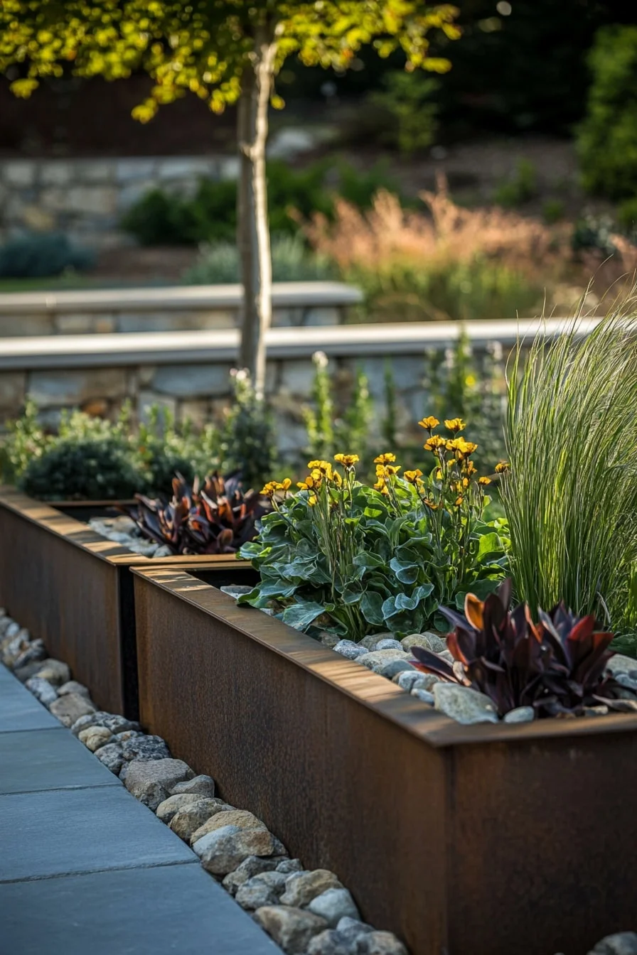 33. Stone Bed with Raised Iron Planters Inside