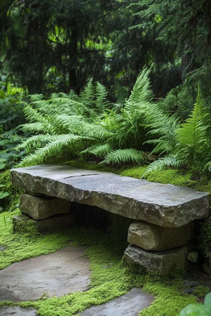 Stone Slab Bench with Fern Backdrop