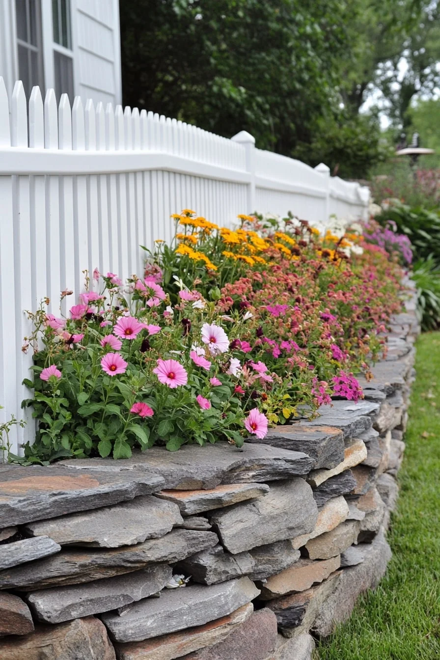 6. Stone Wall Raised Bed Against Picket Fence