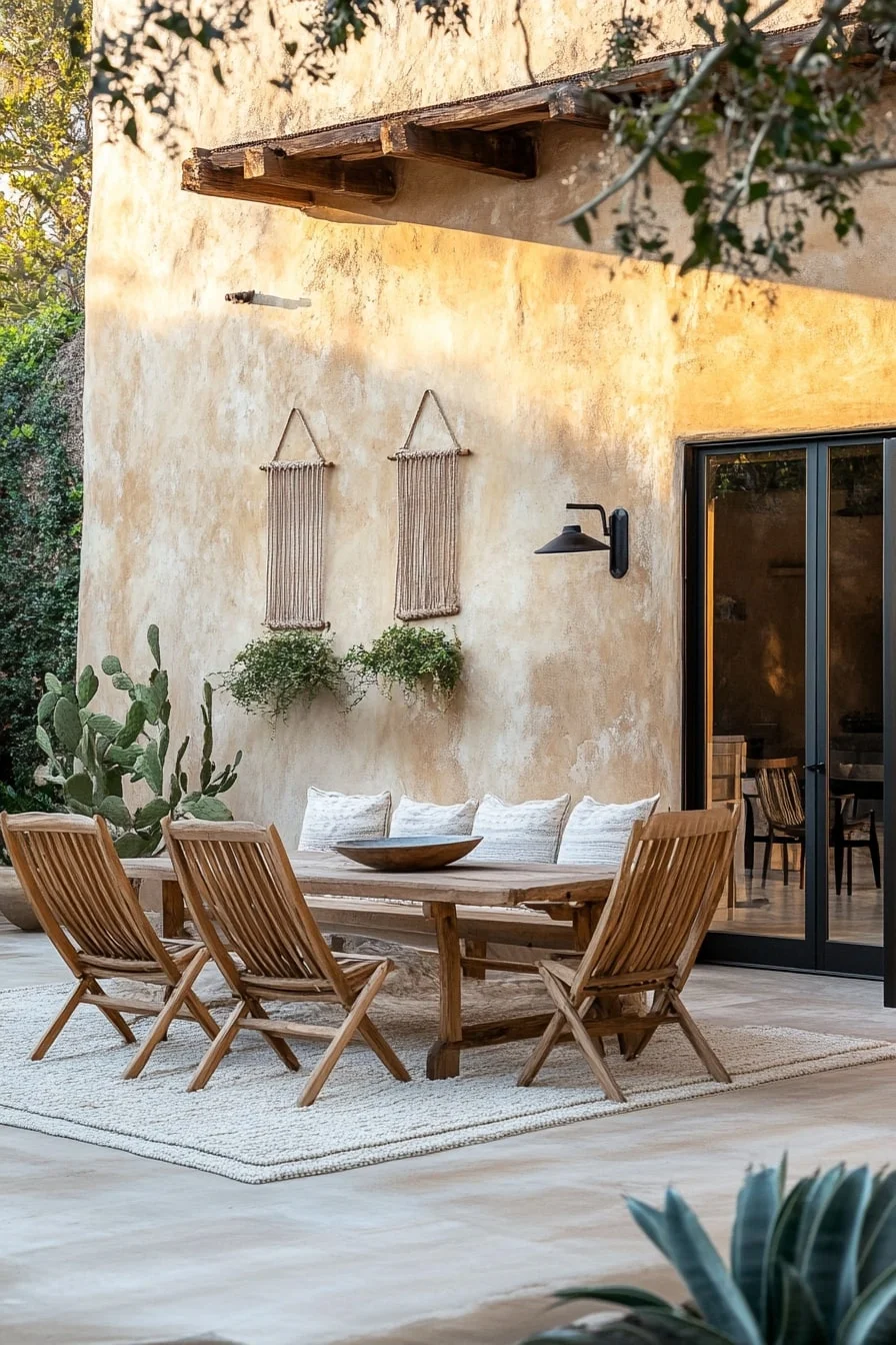 Textured Stucco Wall and Wooden Seating
