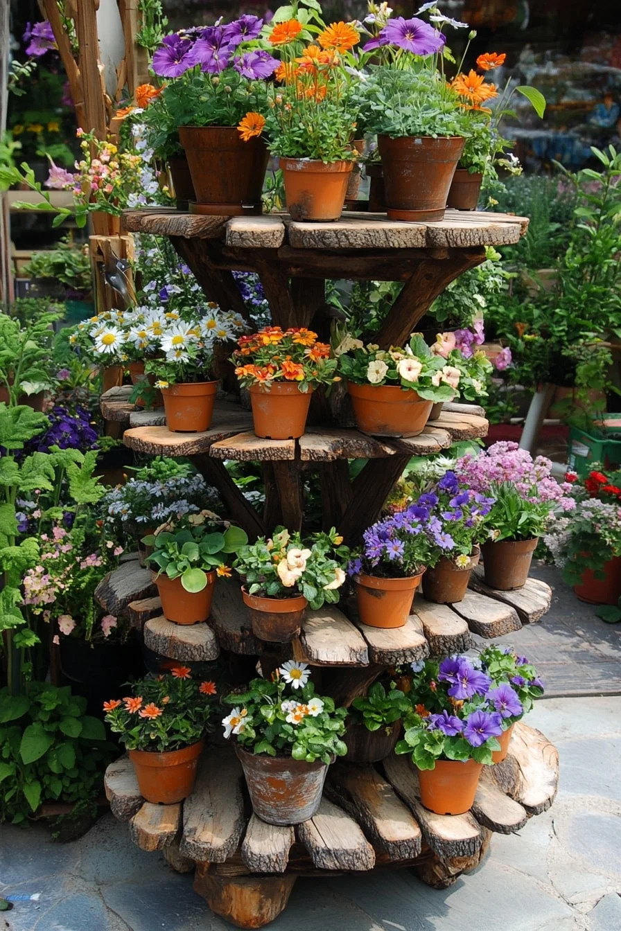 Tiered Plant Stand with Potted Flowers