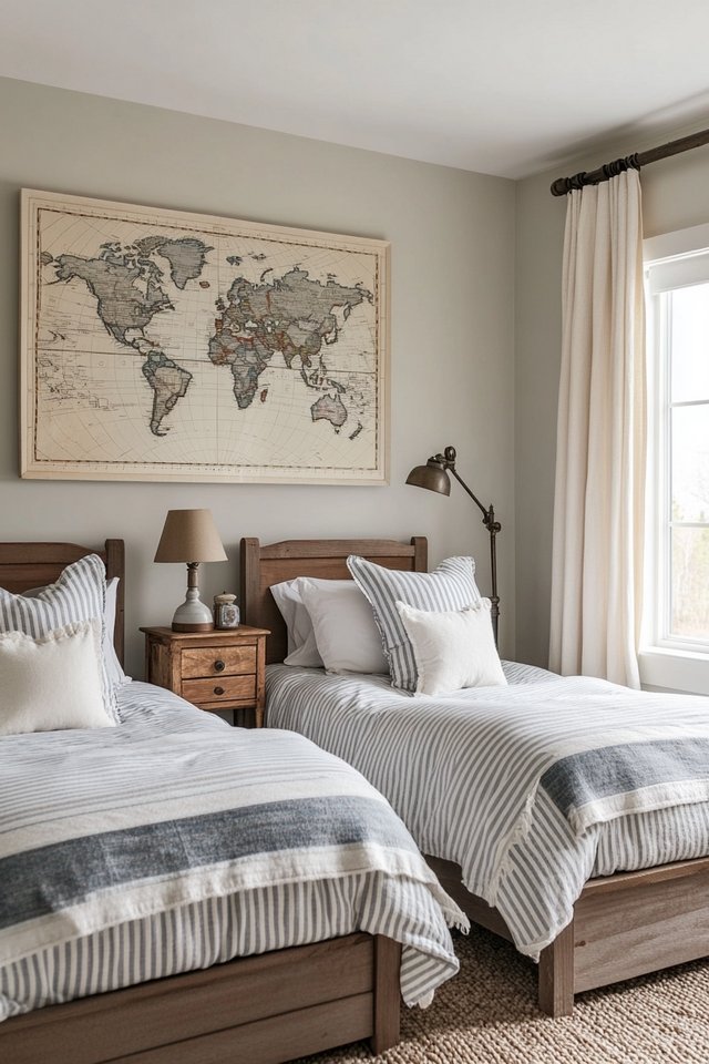 Travel-Inspired Twin Bedroom Featuring Rustic Charm