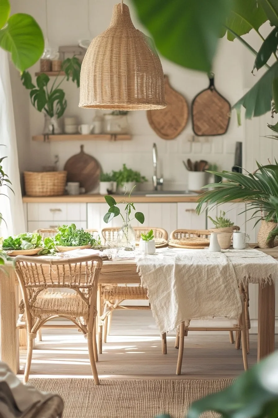 36. Tropical Boho Kitchen With Leafy Plants and Rattan
