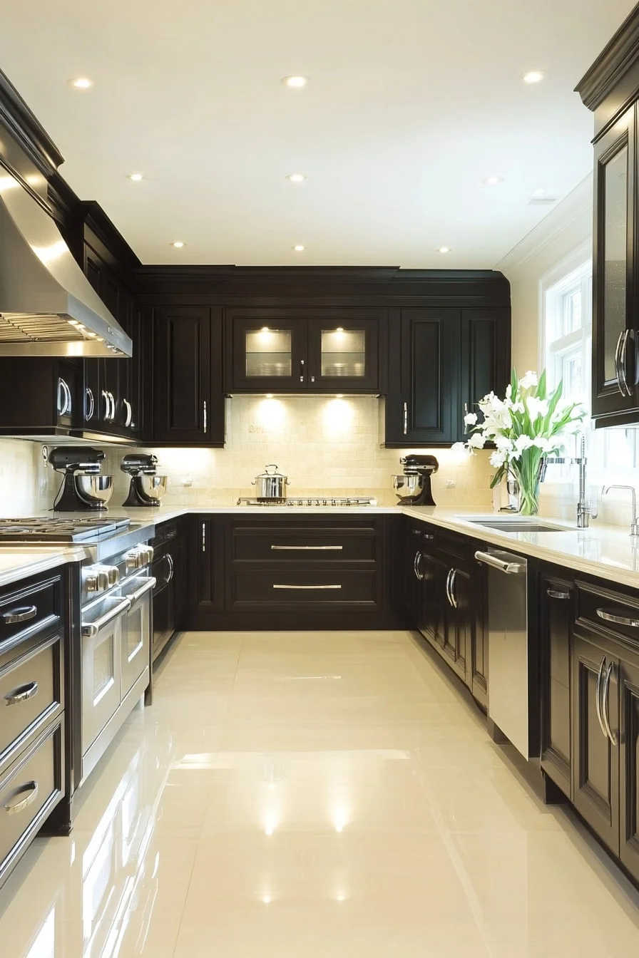 20. U-Shaped Kitchen with Floor-to-Ceiling Dark Cabinets