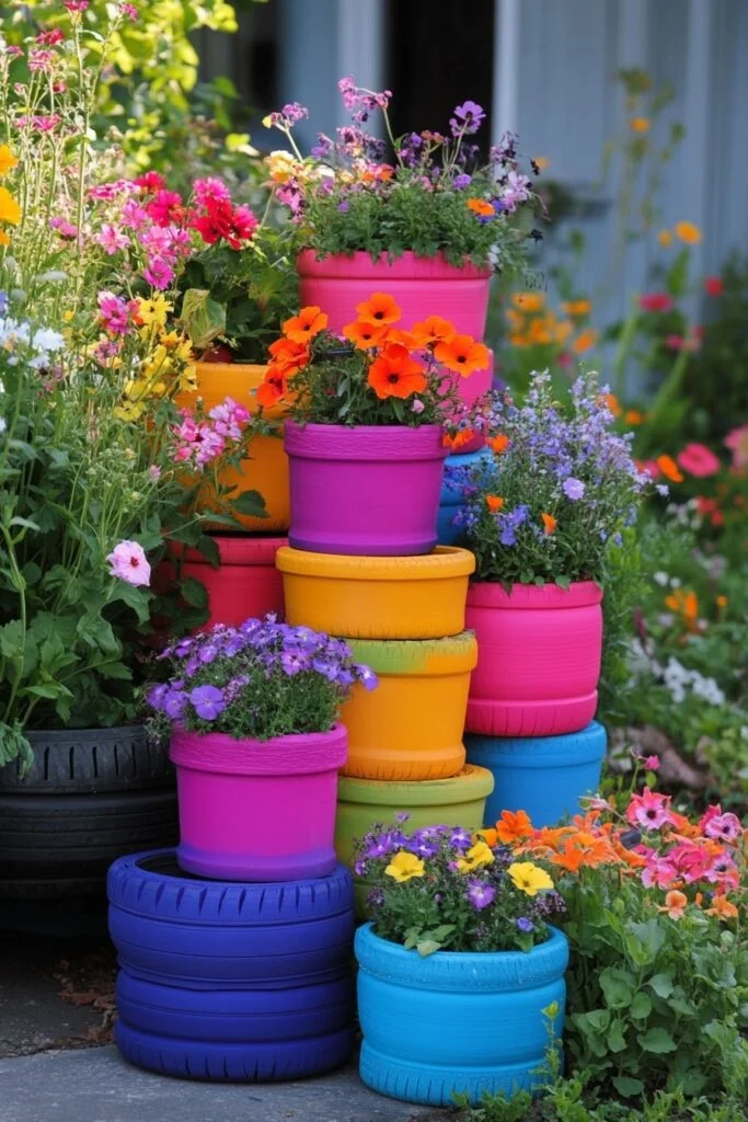 19. Upcycled Tires Painted as Flower Pots