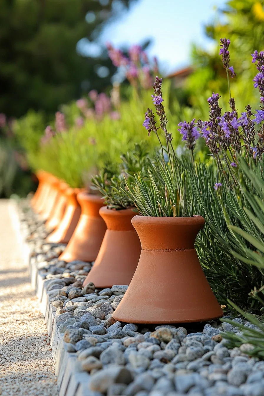 27. Upside-Down Terracotta Pots in Line