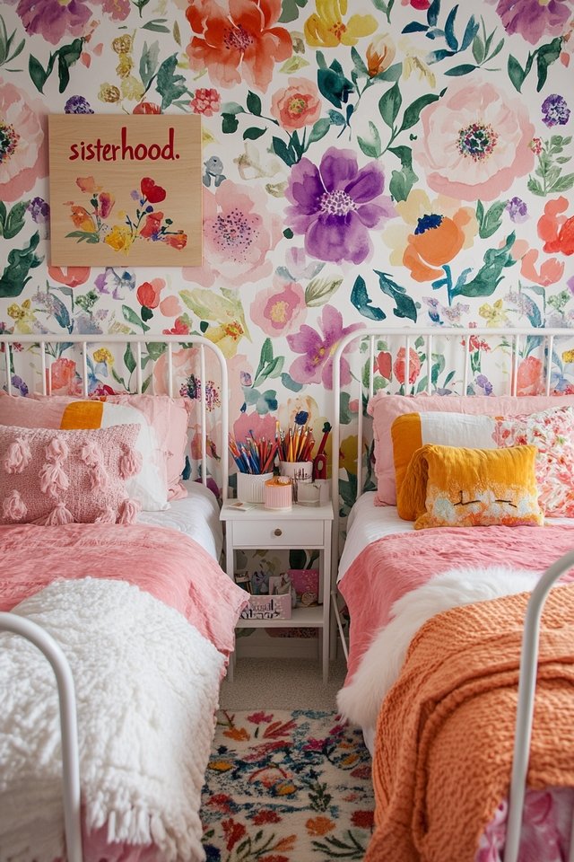 Vibrant Twin Bedroom Showcasing Floral Whimsy