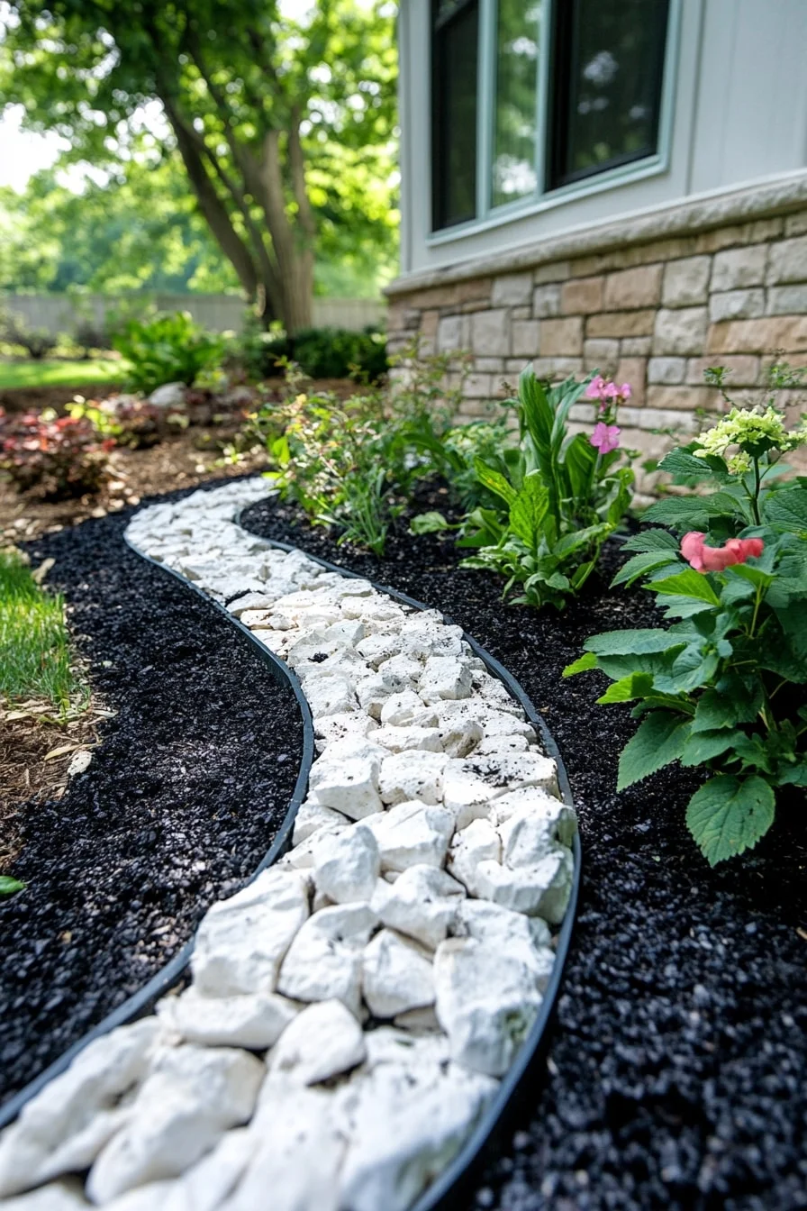 29. White Stone Border With Dark Mulch Fill