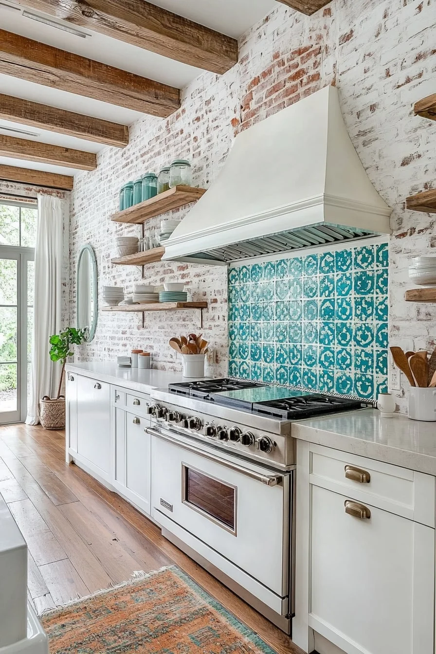 26. Whitewashed Brick With Turquoise Tiles