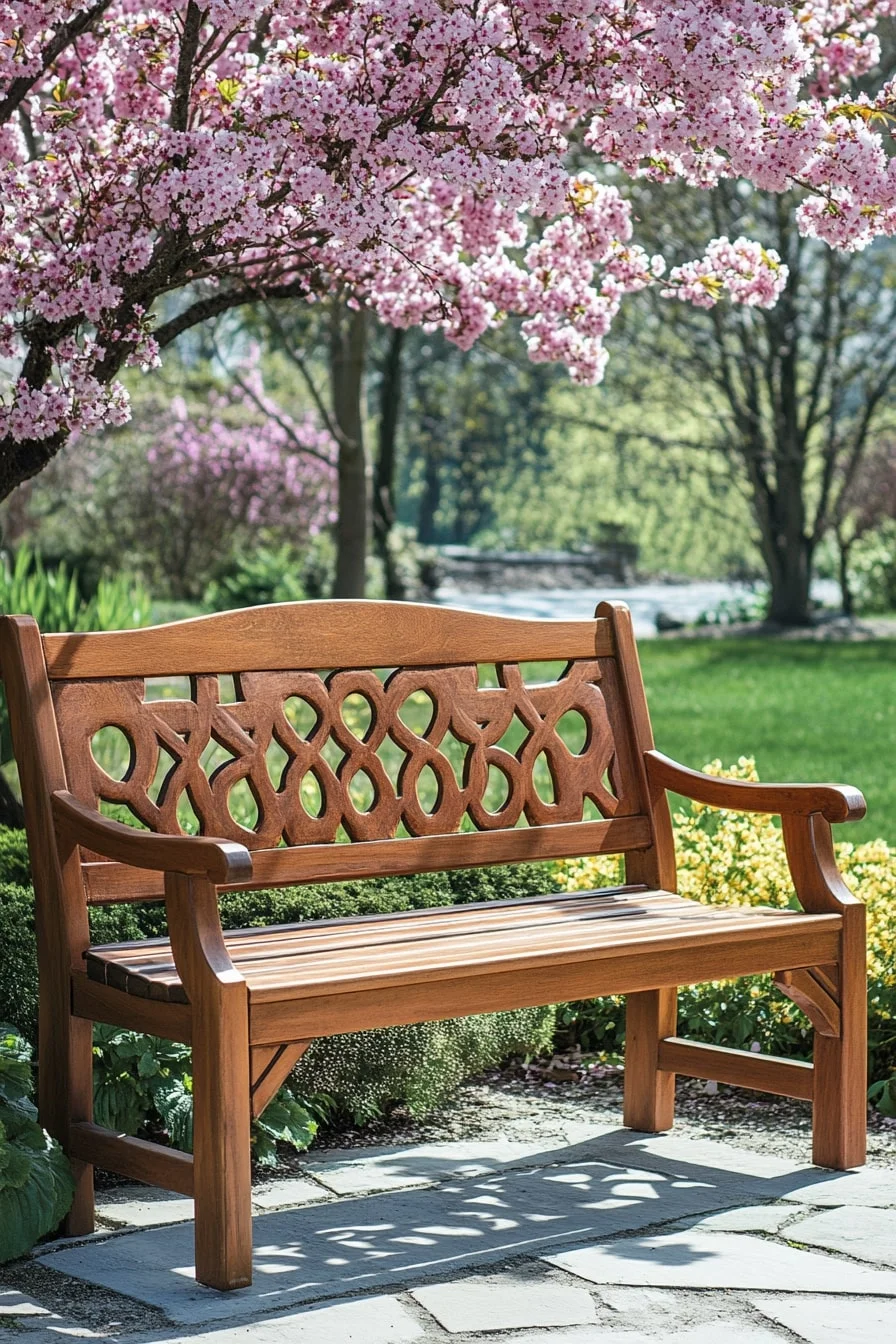 Wooden Bench Under a Blooming Tree
