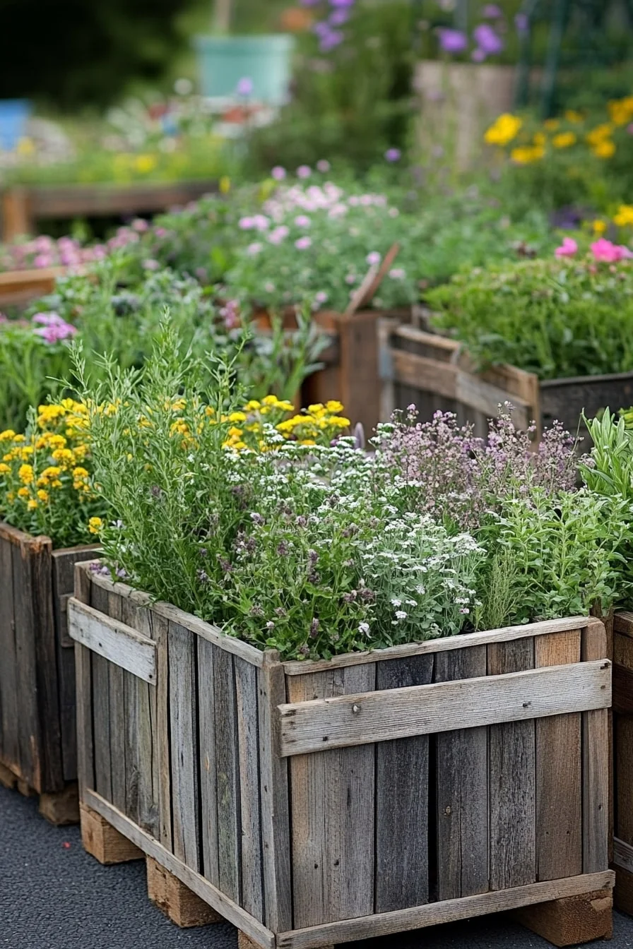 Wooden Crates with Mixed Plantings