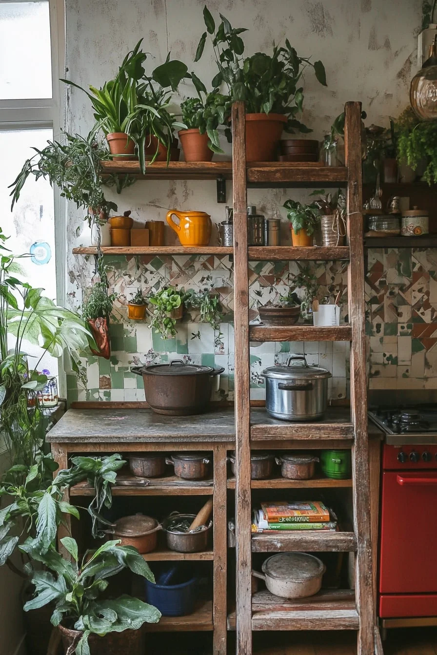 33. Wooden Ladder as Pot Rack