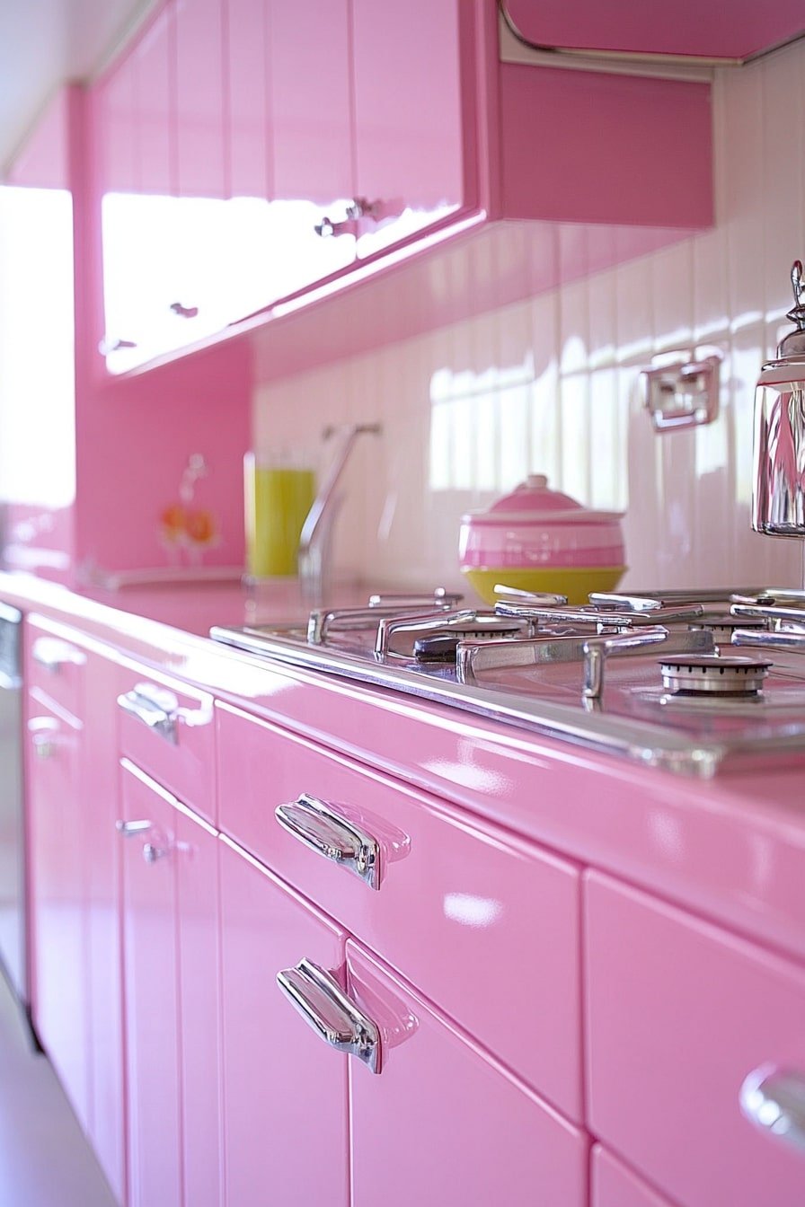Bubblegum Pink Cabinets with Chrome Charm